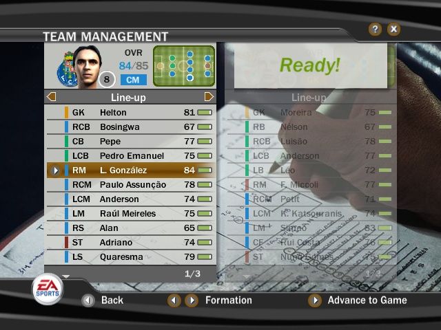 FIFA Soccer 07 (Windows) screenshot: Formation and starting eleven for a practice match.