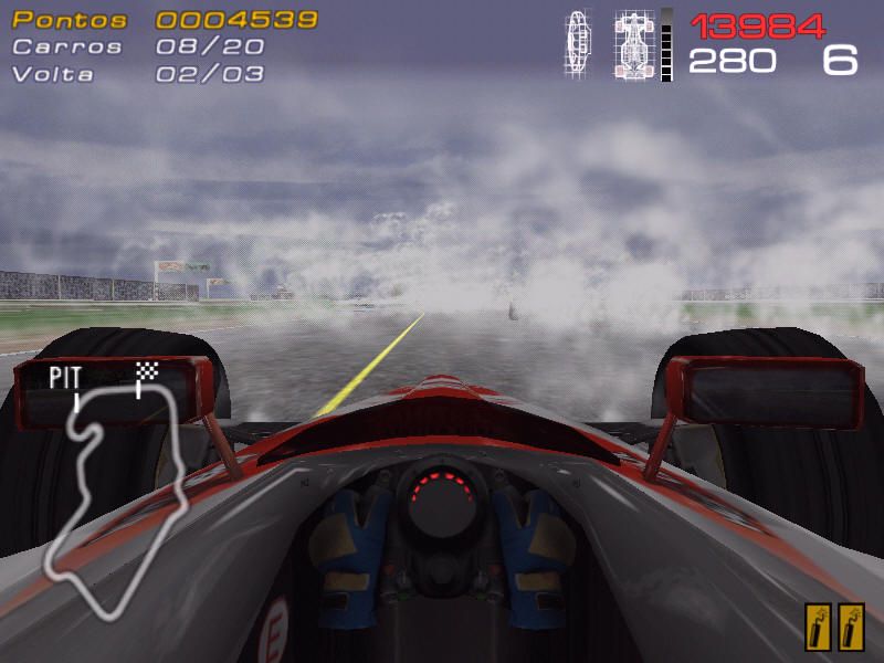 Warm Up! (Windows) screenshot: Cockpit view. The water spray makes driving a lot harder.