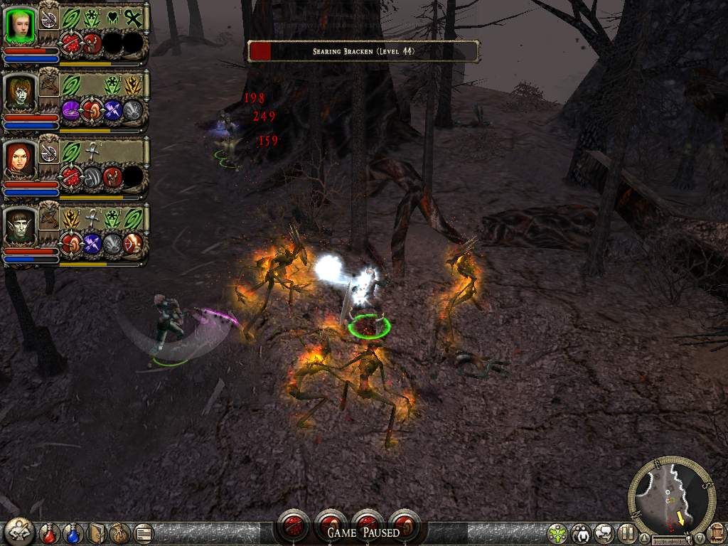 Dungeon Siege II: Broken World (Windows) screenshot: Burning enemies in destroyed wood
