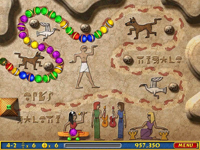 Luxor: Amun Rising (Windows) screenshot: This level is called "Walk like an egyptian", like The Bangles song. Wait a minute... there are four female musicians, like The Bangles.