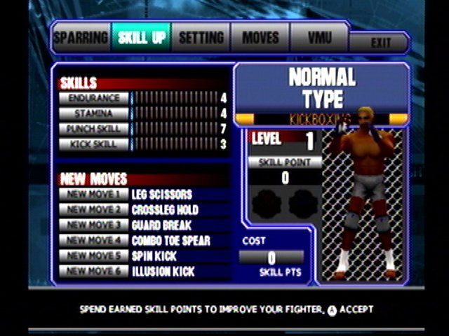 Ultimate Fighting Championship (Dreamcast) screenshot: You can upgrade your fighter with points earned by winning fights