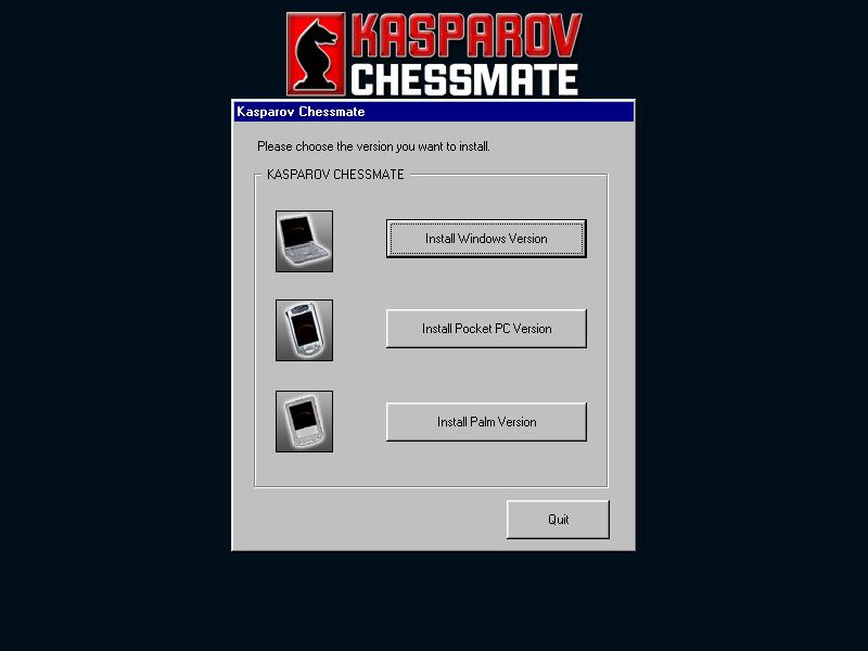 Kasparov Chessmate (Windows) screenshot: Installation for Windows, PocketPC and Palm OS.
