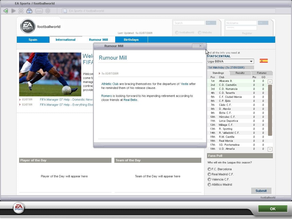 FIFA Manager 07 (Windows) screenshot: The "Football World" website.