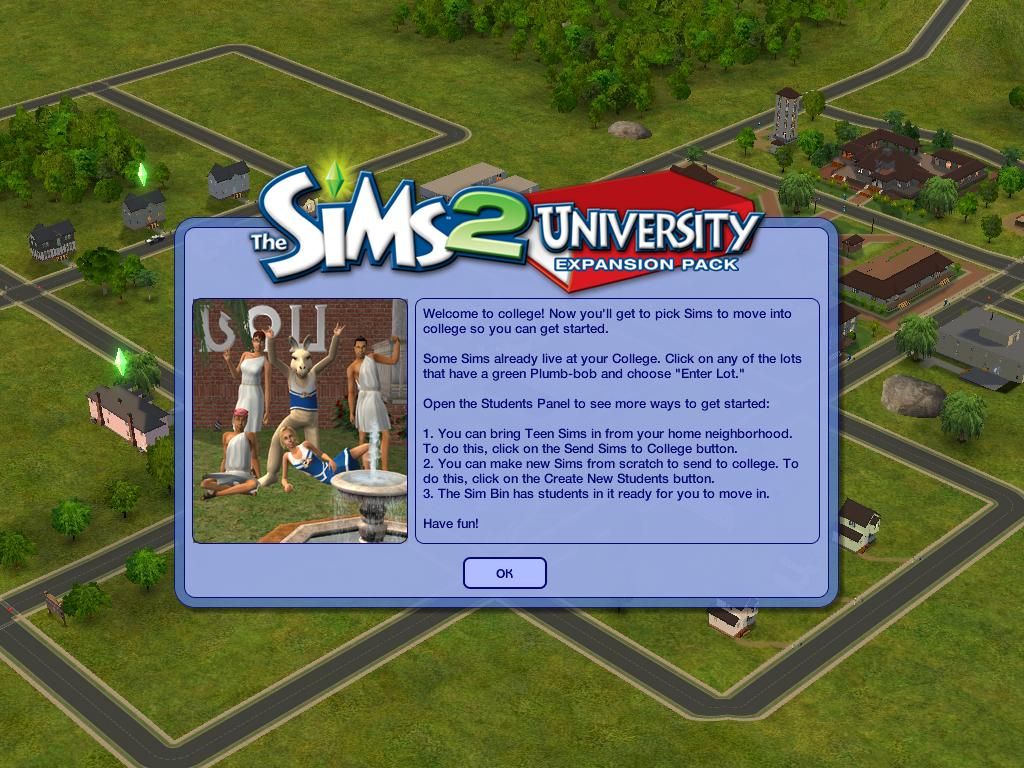 The Sims 2: University (Windows) screenshot: Welcome to the University Expansion!