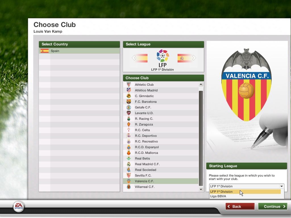 FIFA Manager 07 (Windows) screenshot: Choosing a team. You can also make up your own Calciocaos, and start at a lower division