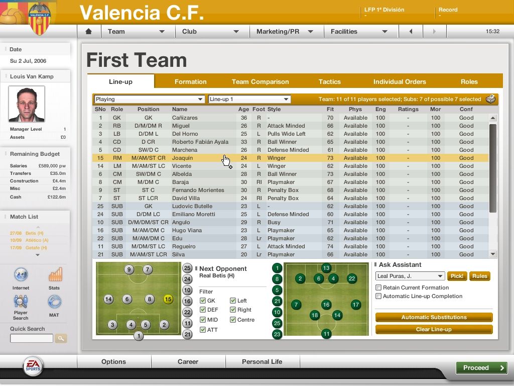 FIFA Manager 07 (Windows) screenshot: Team selection