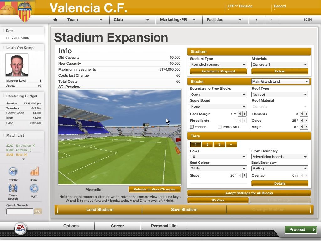 FIFA Manager 07 (Windows) screenshot: It's still possible to design your own stadium, costumizing things such as colours, textures and slopes.