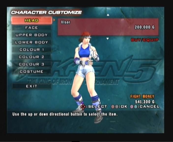 Tekken 5 (PlayStation 2) screenshot: You earn gold from fighting, and this is where you get to spend them; to customize your characters.