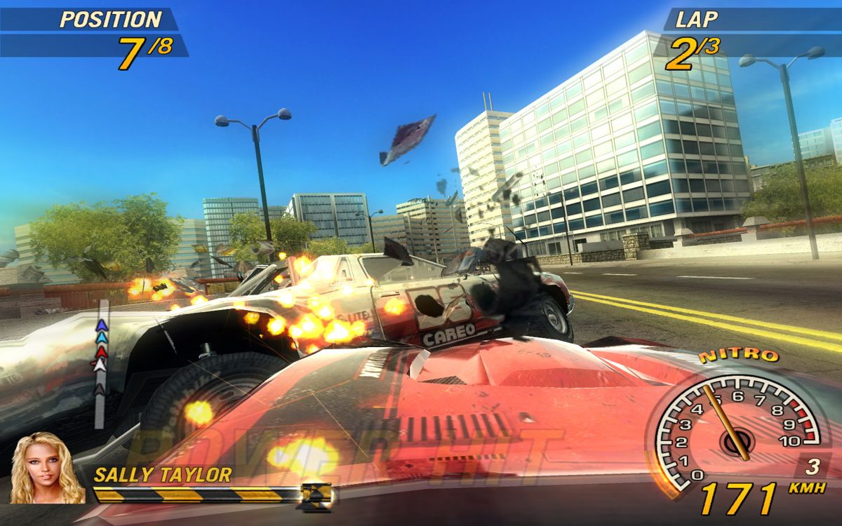 FlatOut 2 (Windows) screenshot: An opponent lost it completely, and bumped on my car.