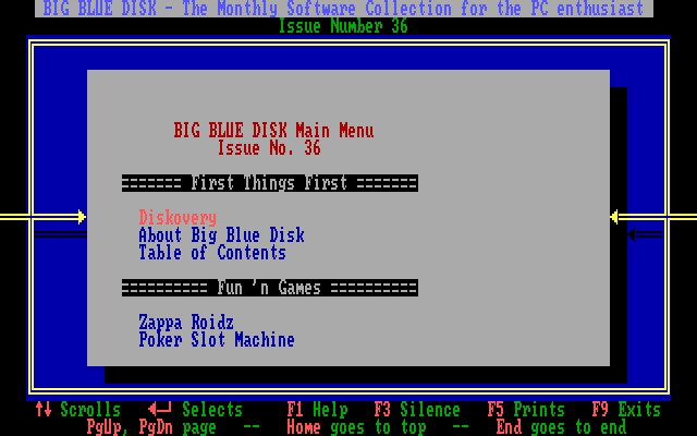 Big Blue Disk #36 (DOS) screenshot: Main menu