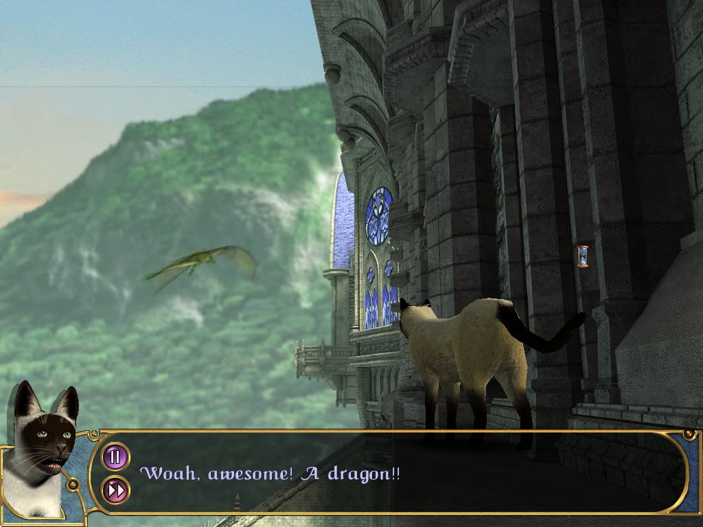 Keepsake (Windows) screenshot: As a cat, Zak walks on the roof and sees a dragon!