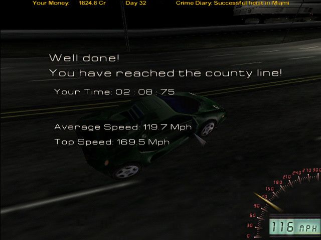 Hot Wired (Windows) screenshot: Finishing a course by crossing the border.
