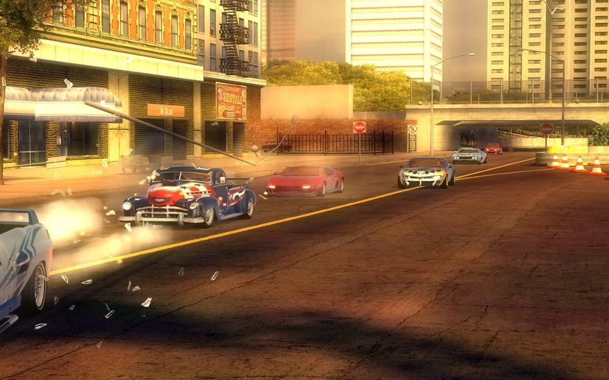 FlatOut 2 (Windows) screenshot: The player needs a lot of horse power and skill to be the leader of the pack.