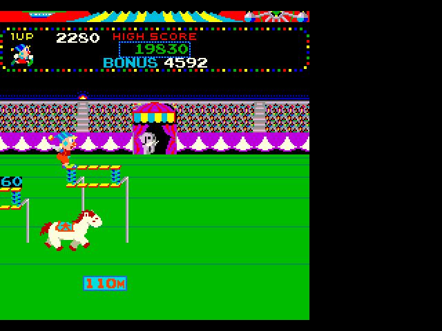 Konami Arcade Classics (PlayStation) screenshot: Harder - Jump from the horse to avoid or bounce off of the springboards.