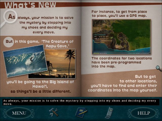 Nancy Drew: The Creature of Kapu Cave (Windows) screenshot: Info for Detectives tells you what's in store.