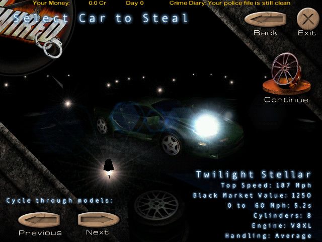 Hot Wired (Windows) screenshot: Car selection - this is one of the cars you can heist from the beginning.