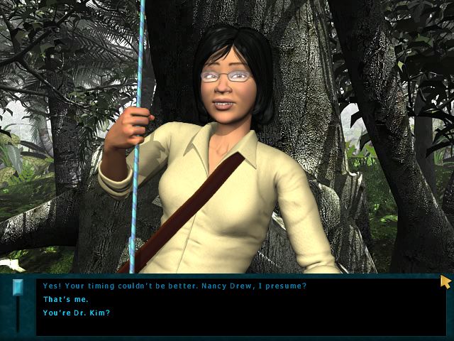 Nancy Drew: The Creature of Kapu Cave (Windows) screenshot: Dr. Quigley Kim - your boss - spends most of her time in the trees.