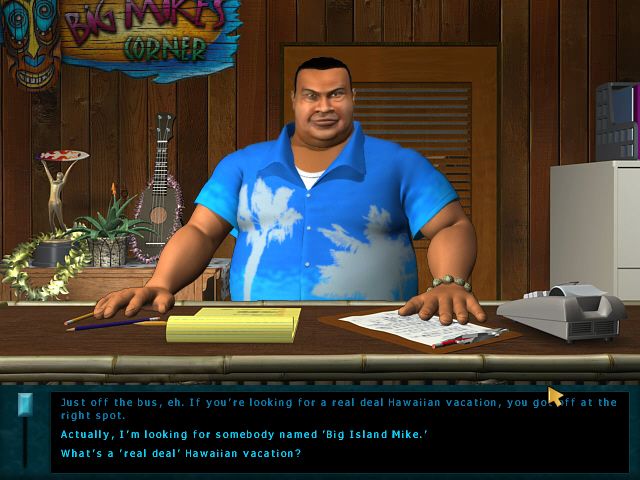 Nancy Drew: The Creature of Kapu Cave (Windows) screenshot: Meeting Big Island Mike for the first time.