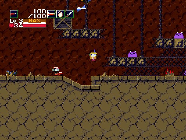 Cave Story (Windows) screenshot: Your girl companion is part of the gameplay and if you save her, there will be an alternative ending.