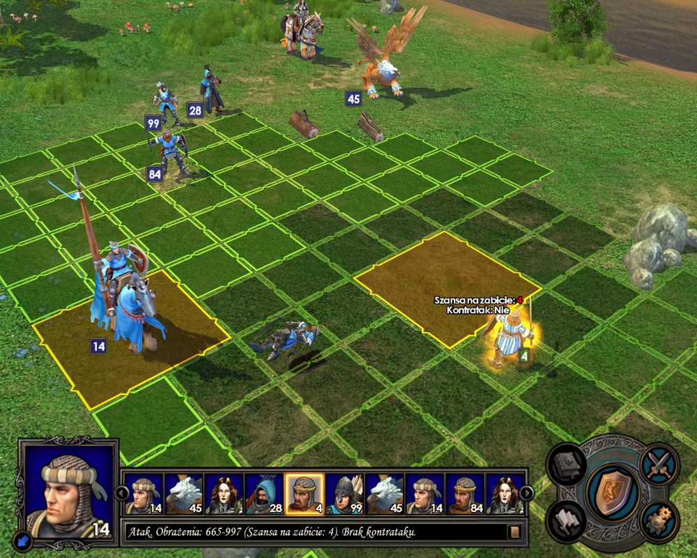 Heroes of Might and Magic V: Hammers of Fate (Windows) screenshot: The cavalry is ready to attack the footman.