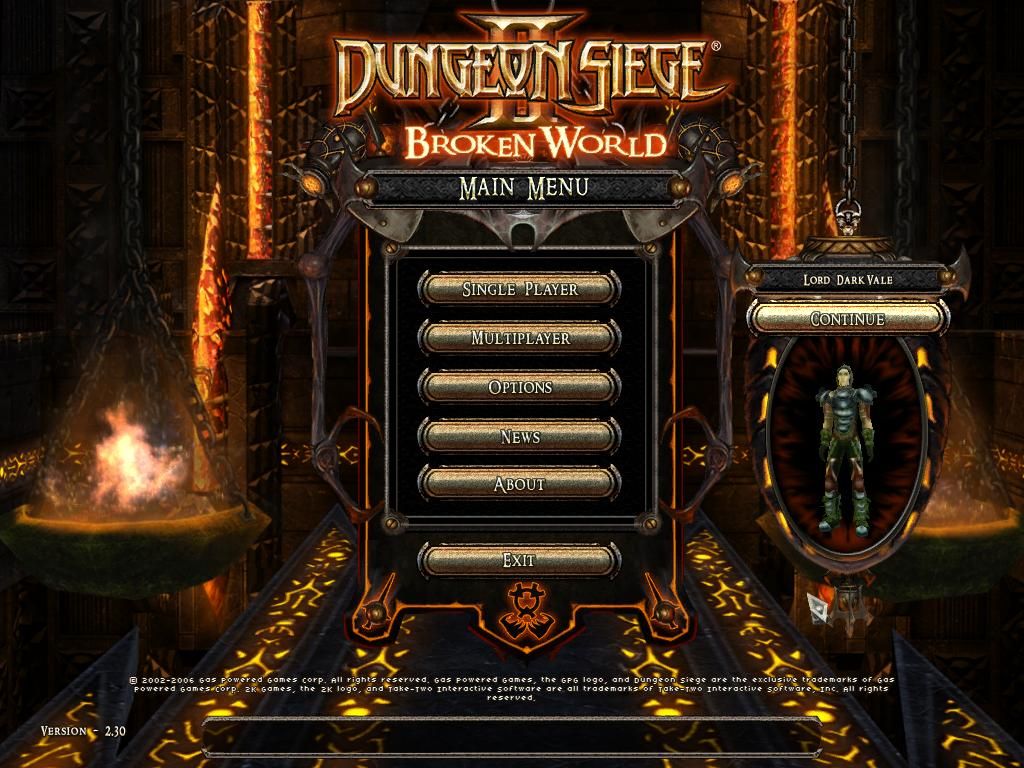 Dungeon Siege II: Broken World (Windows) screenshot: Main menu