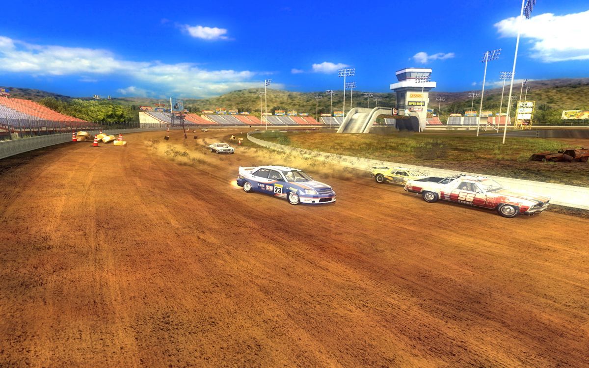 FlatOut 2 (Windows) screenshot: Extra races include racing on dirt speedway oval tracks.
