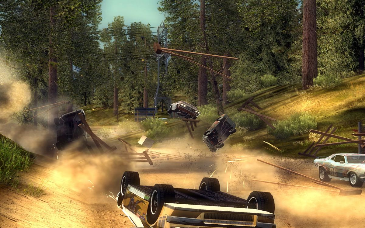 FlatOut 2 (Windows) screenshot: Landing from jumps is quite a hard task, as the slightest unbalancing can send your car off-course as soon as you touch the ground.