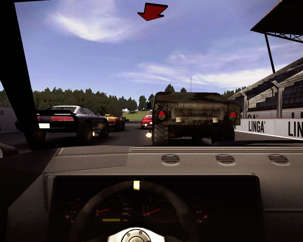Crashday (Windows) screenshot: Viewing the race from the driver's head camera.