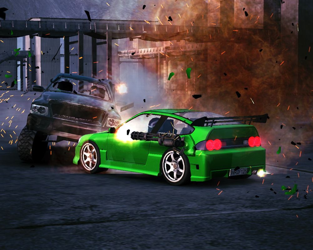 Crashday (Windows) screenshot: The player can use the mini-gun mounted on the side of the vehicle to destroy opponents.