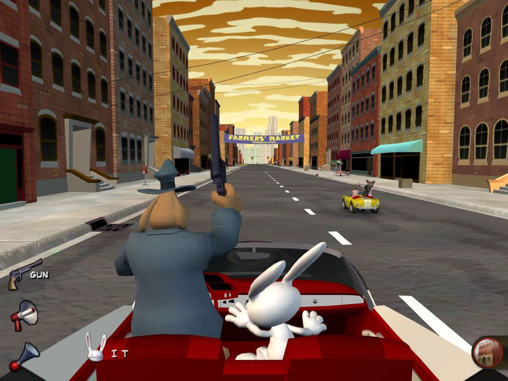 Sam & Max: Episode 2 - Situation: Comedy (Windows) screenshot: Chasing rats in an interactive driving sequence.