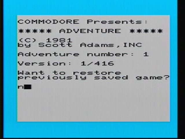 Adventureland (VIC-20) screenshot: Title Screen asking if you want to restore a saved game.