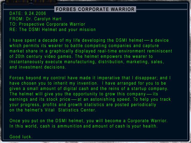 Forbes Corporate Warrior (Windows) screenshot: A message from the good doctor that designed your VR helmet