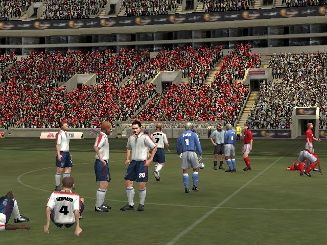 UEFA Euro 2004 Portugal (Windows) screenshot: As Netherlands won themselves a game against Sweden on penalties, The joke's now only on England