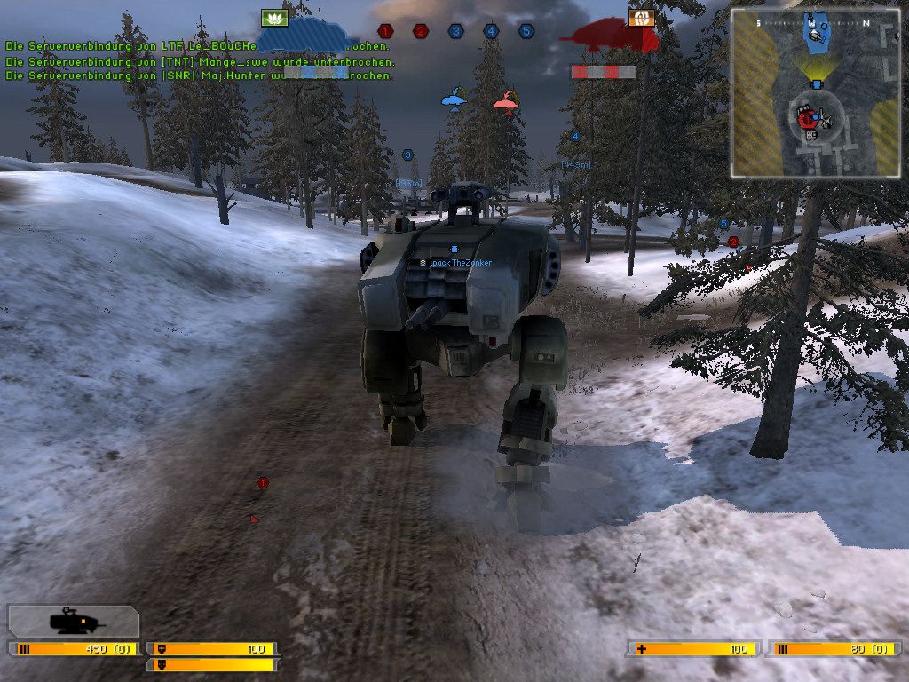 Battlefield 2142 (Windows) screenshot: Heavily armed and armored, the futuristic Battlewalkers can be tough opponents on the battlefield.