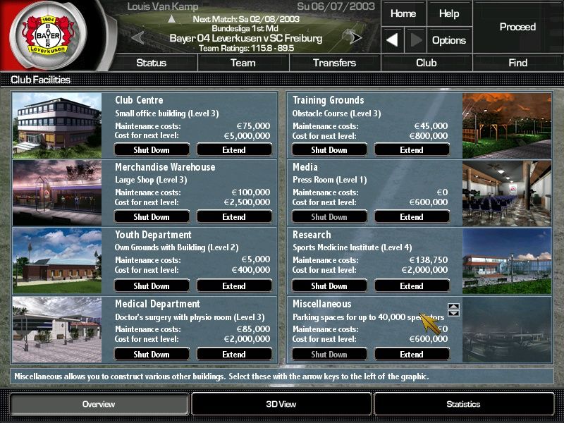 Total Club Manager 2004 (Windows) screenshot: Club facilities