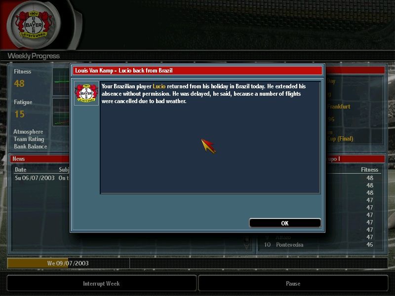 Total Club Manager 2004 (Windows) screenshot: Random events force the player to take measures, such as suspending of fining a player, even if it's your star.