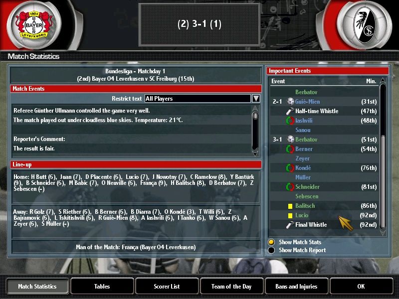 Total Club Manager 2004 (Windows) screenshot: Match analysis