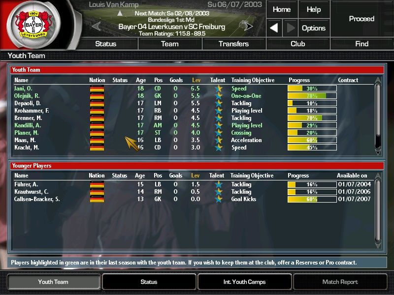 Total Club Manager 2004 (Windows) screenshot: The youth team is a cheap way to provide new possible stars.