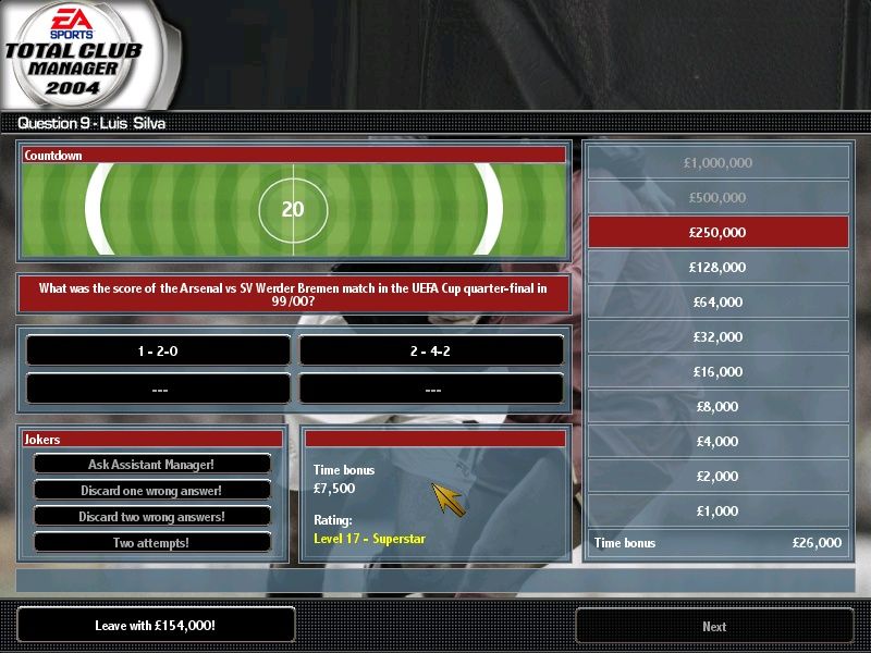 Total Club Manager 2004 (Windows) screenshot: A trivia game, kind of "Who Wants To Be A Millionaire Manager"