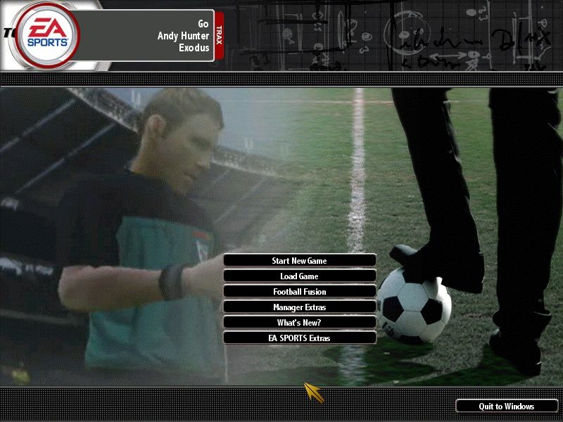 Total Club Manager 2004 (Windows) screenshot: Main menu. The interface was designed keeping the infamous "EA Trax" as unobtrusive as possible.
