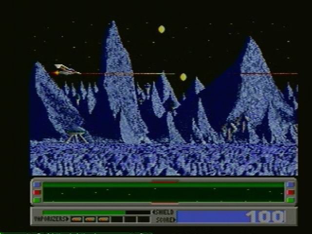 Revenge of Defender (Amiga) screenshot: Come out blasting.