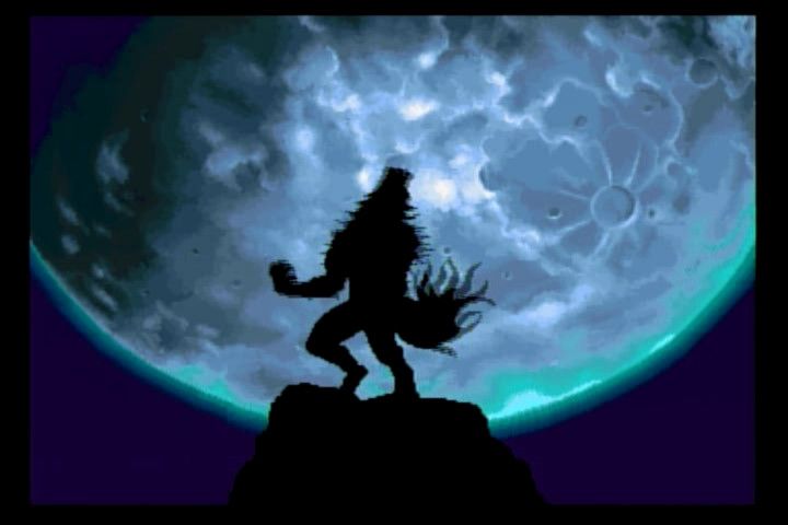 Night Warriors: Darkstalkers' Revenge (SEGA Saturn) screenshot: John Talbain the wolfman kicks off the intro against the full moon