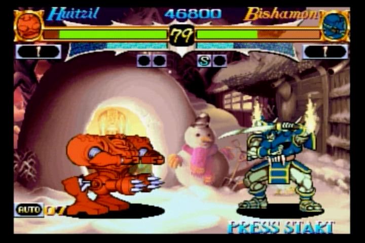 Night Warriors: Darkstalkers' Revenge (SEGA Saturn) screenshot: Huitzel the robot vs Bishaman the ghostly samurai