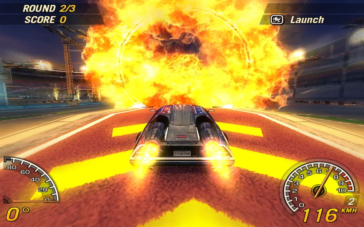 FlatOut 2 (Windows) screenshot: Gaining speed for flying through rings of fire.