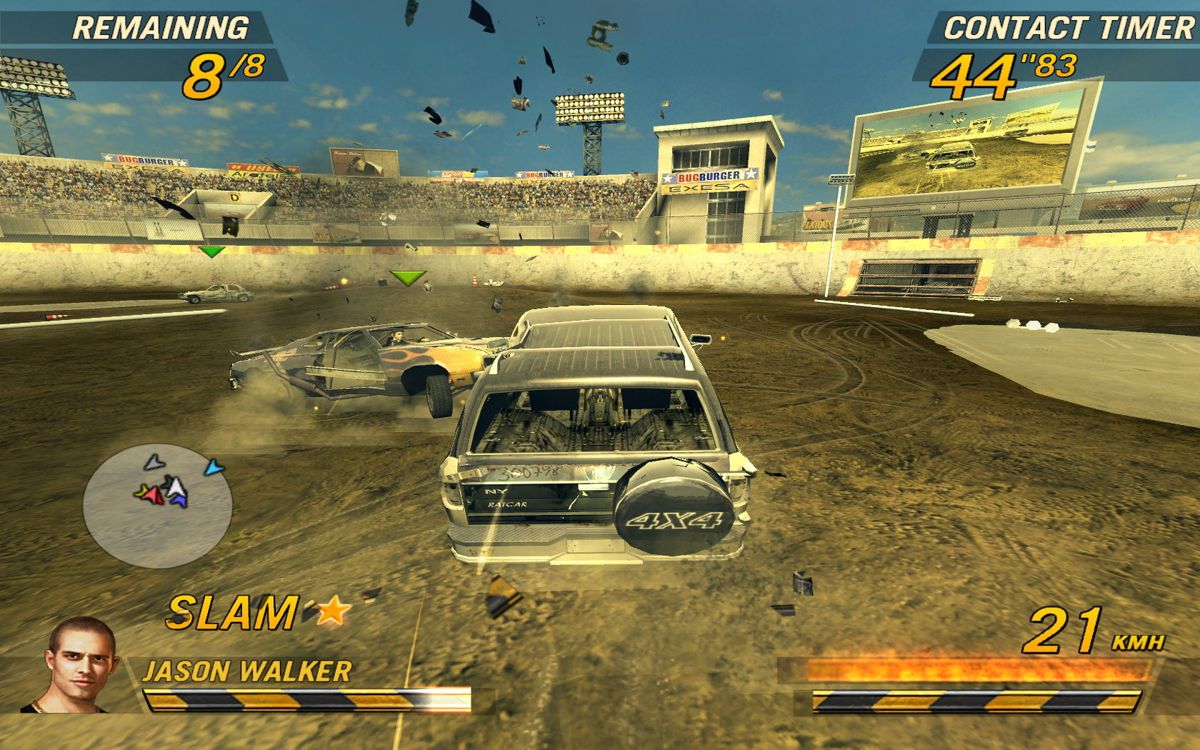 FlatOut 2 (Windows) screenshot: Racing in destruction derbies is always exciting, just make sure your car is big and strong enough to withstand all this abuse.