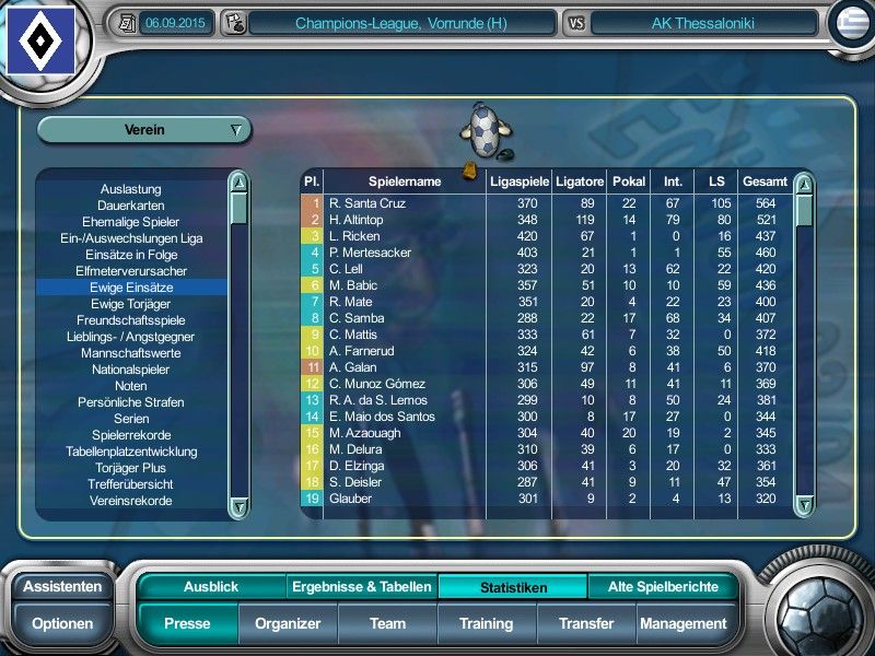 Anstoss 4: Der Fußballmanager - Edition 03/04 (Windows) screenshot: Lots of statistics for all who are interested in stuff like that.