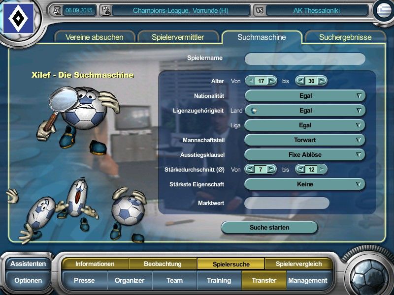 Anstoss 4: Der Fußballmanager - Edition 03/04 (Windows) screenshot: With "Xilef" you are able to find every type of player you need for your team.