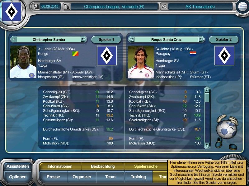 Anstoss 4: Der Fußballmanager - Edition 03/04 (Windows) screenshot: You can compare two players if your not sure who you should buy. Again: photos and emblems are edited by me.