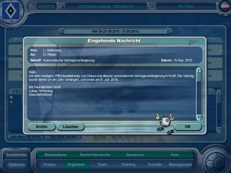 Anstoss 4: Der Fußballmanager - Edition 03/04 (Windows) screenshot: E-Mails inform you about important things, in this case an extension of a player's contract.