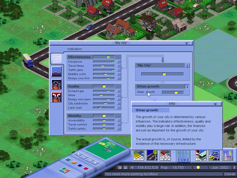 Mobility: A City in Motion (Windows) screenshot: City indicators show what can be improved in the city